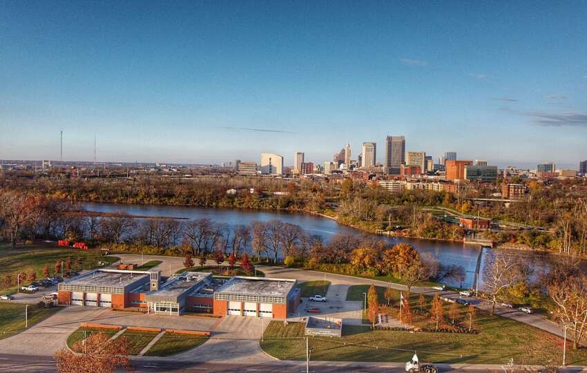 an aerial view looking north across the scioto river towards downtown columbus