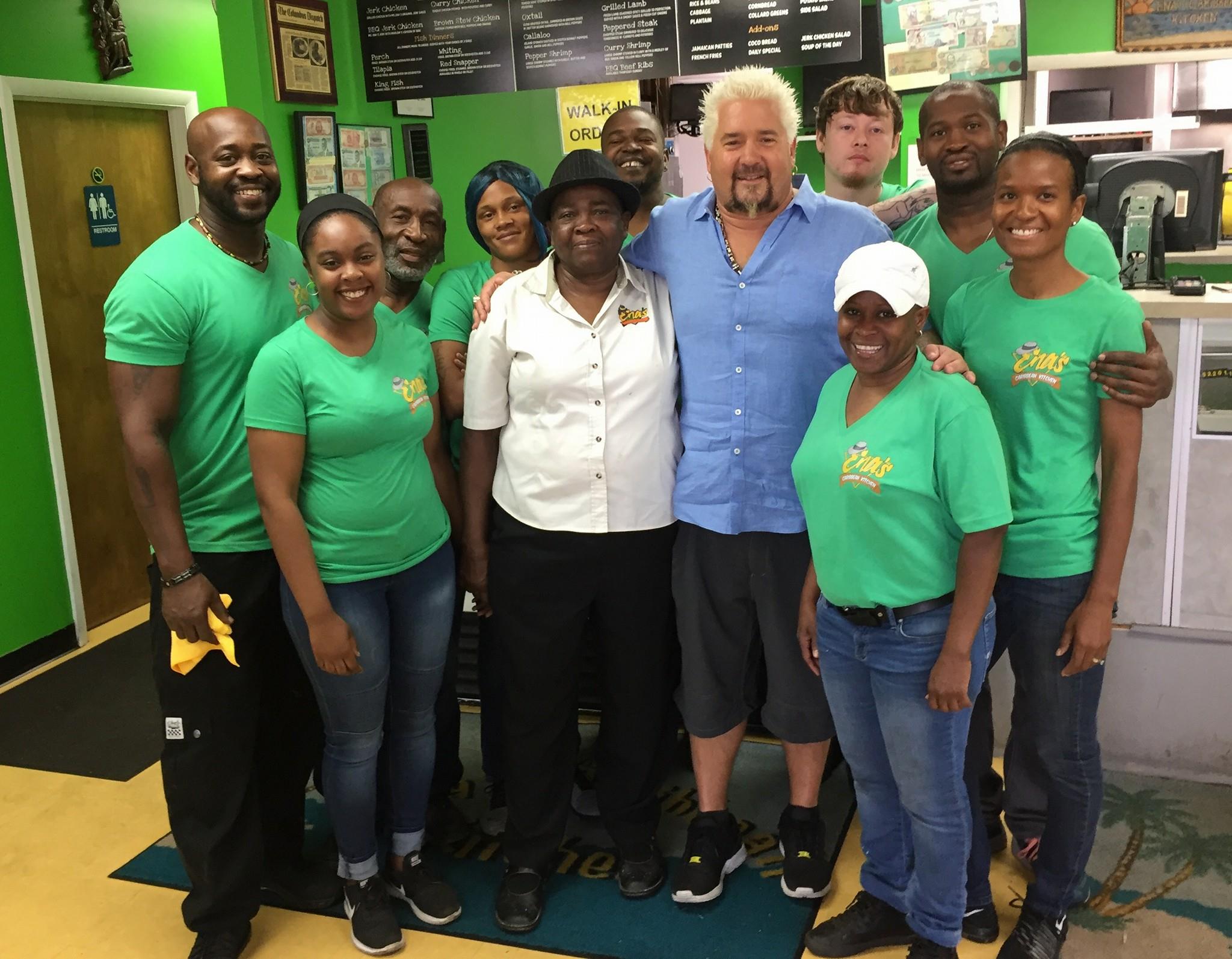 enas caribbean kitchen staff with guy fieri